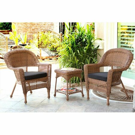 JECO 3 Piece Honey Wicker Chair And End Table Set With Black Chair Cushion W00205_2-CES017
